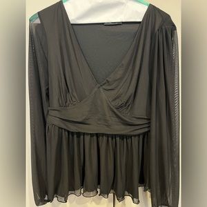 ASOS Design Curve Black exclusive mesh flared sleeve plunge peplum top